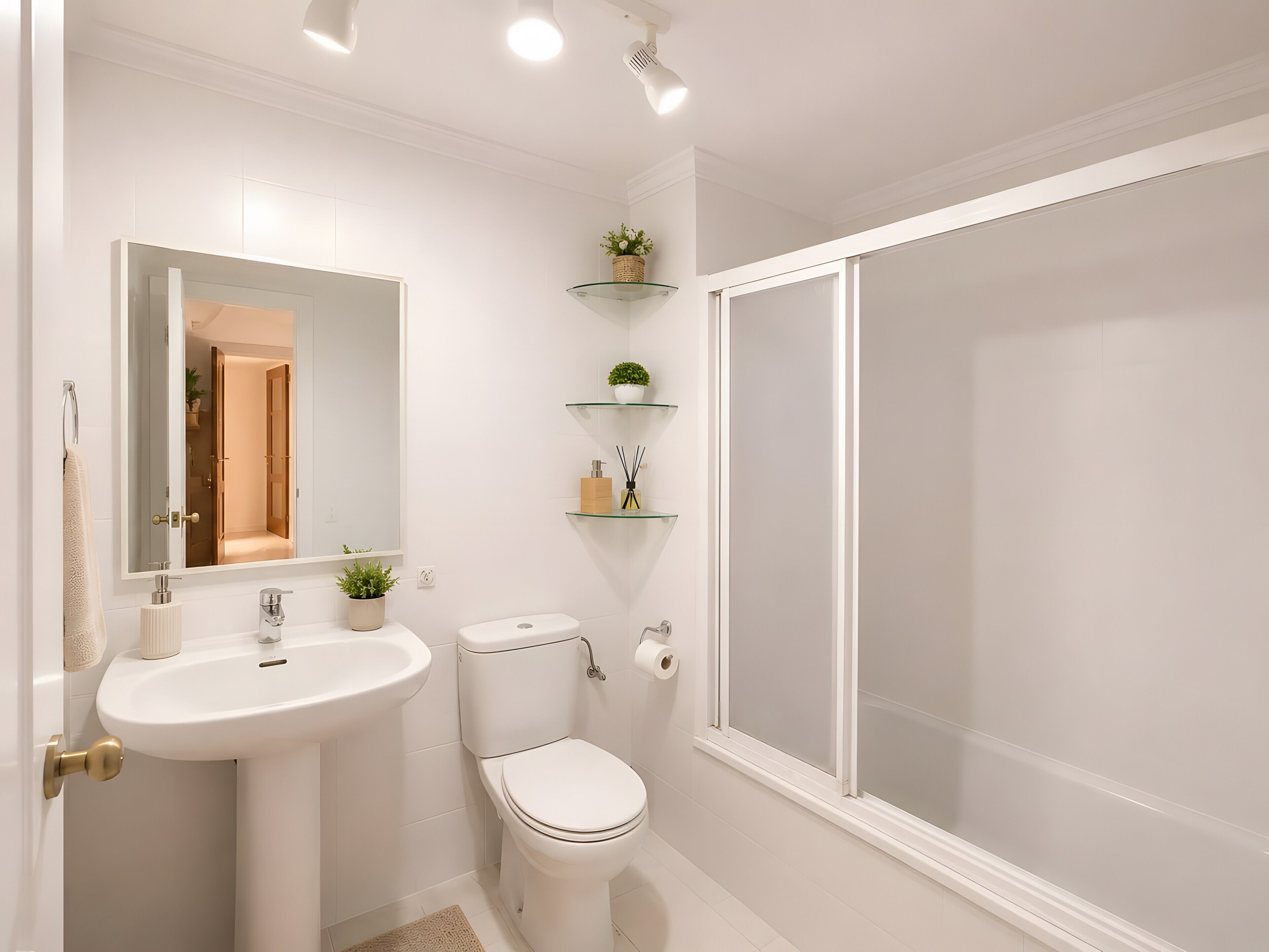Een badkamer met een wastafel, toilet en glazen douchecabine.