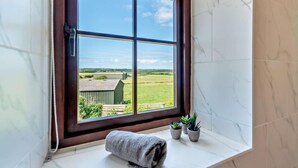 Ein Fenster mit Blick auf eine ländliche Landschaft, ein Handtuch am Fensterbrett und drei kleine Topfpflanzen.