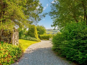 A gravel path leading through a lush garden with a stone wall on the left and dense foliage on the right.