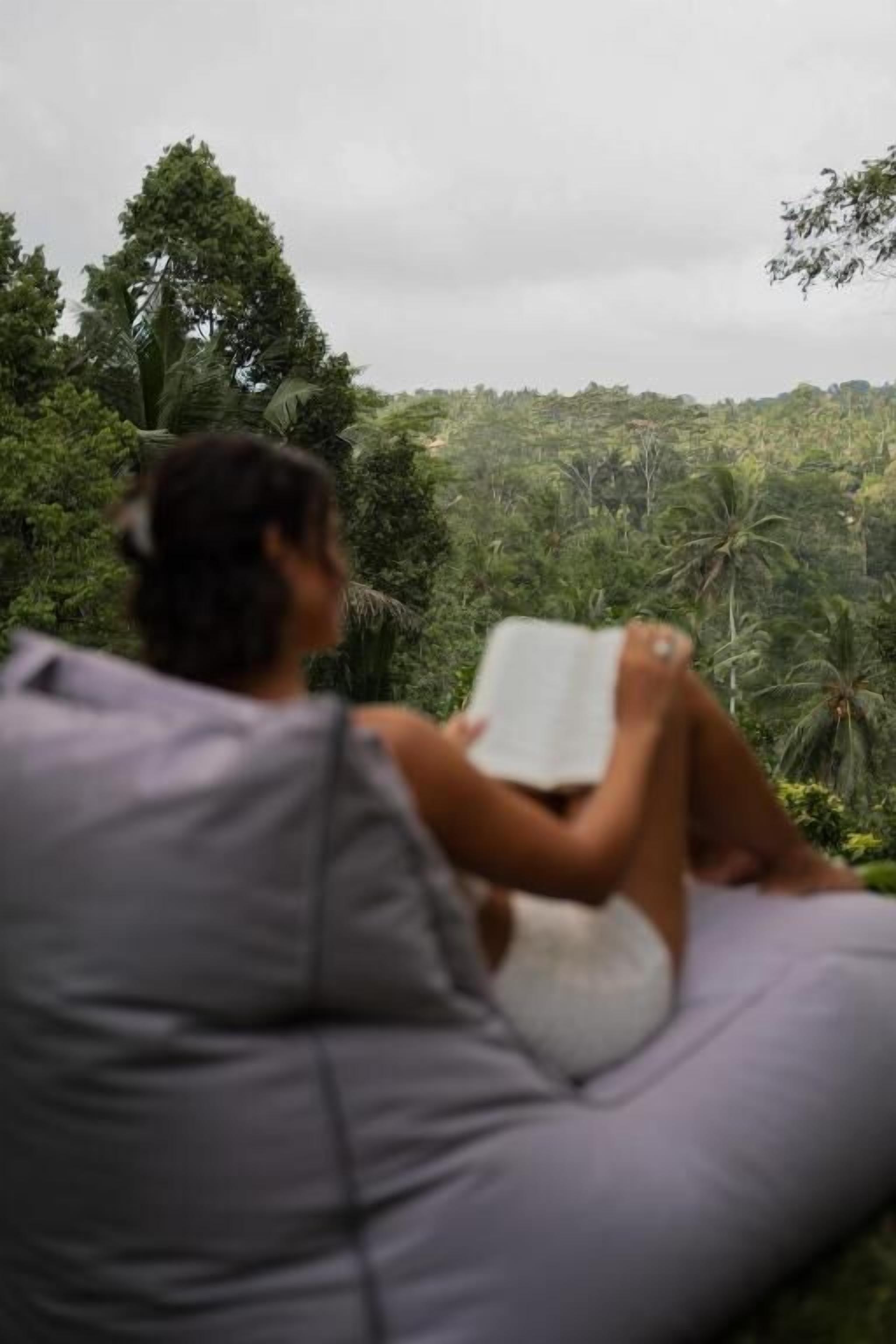 A person sitting on a bean bag chair reading a book, with a lush green landscape in the background.