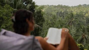A person sitting on a bean bag chair reading a book, with a lush green landscape in the background.