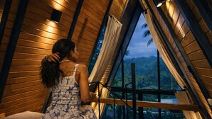 A person sitting by a window with a view of a forested landscape.