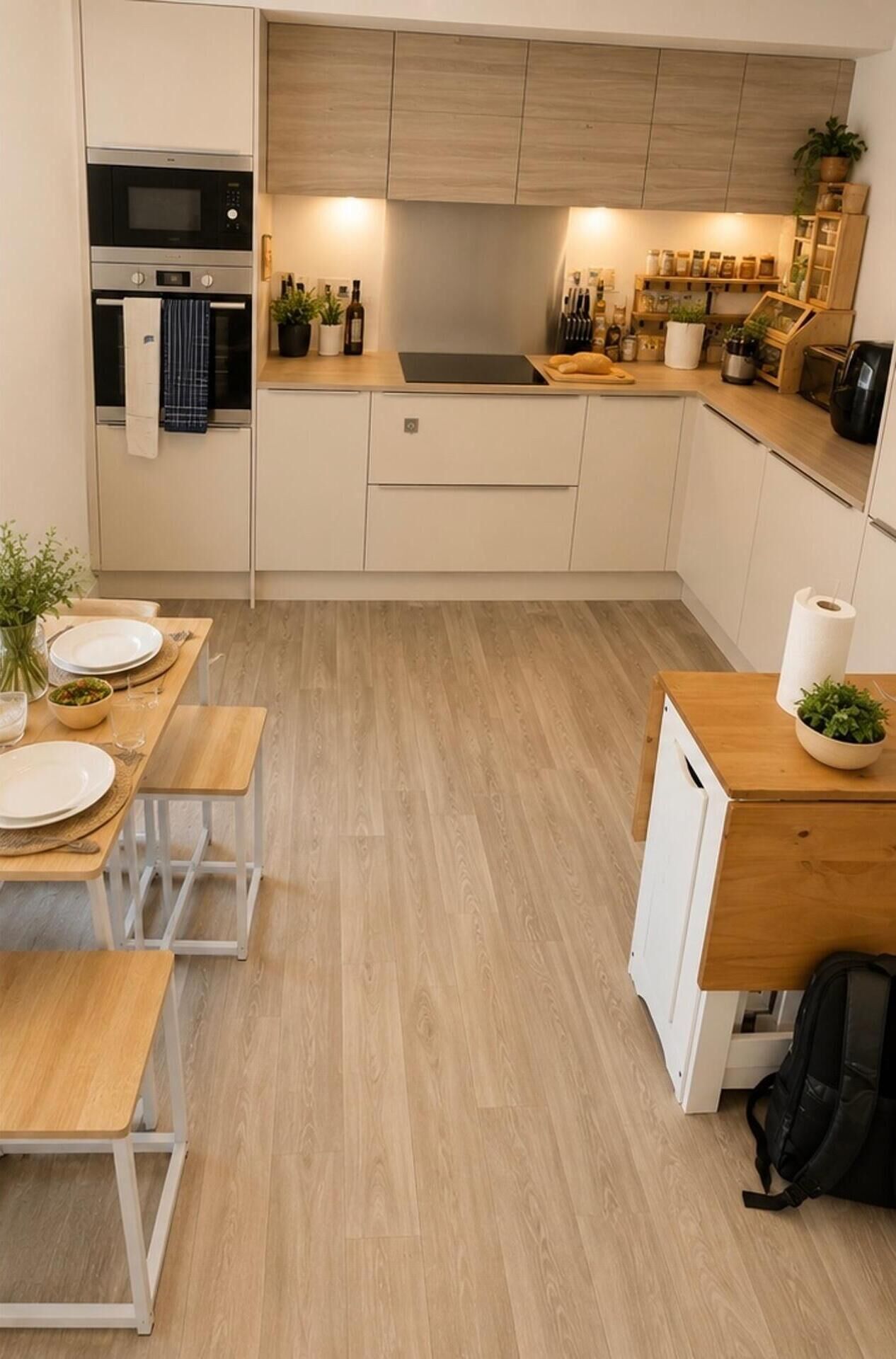Fridge, microwave, oven, electric kettle