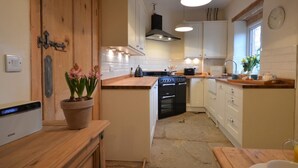 A kitchen with wooden cabinets, a stove, a sink, and a potted plant. - 2 Bed in Ilminster (oc-56523) (Dowlish Ford)