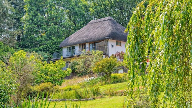 Una casa con techo de paja, rodeada de exuberante vegetación y un jardín cuidado.