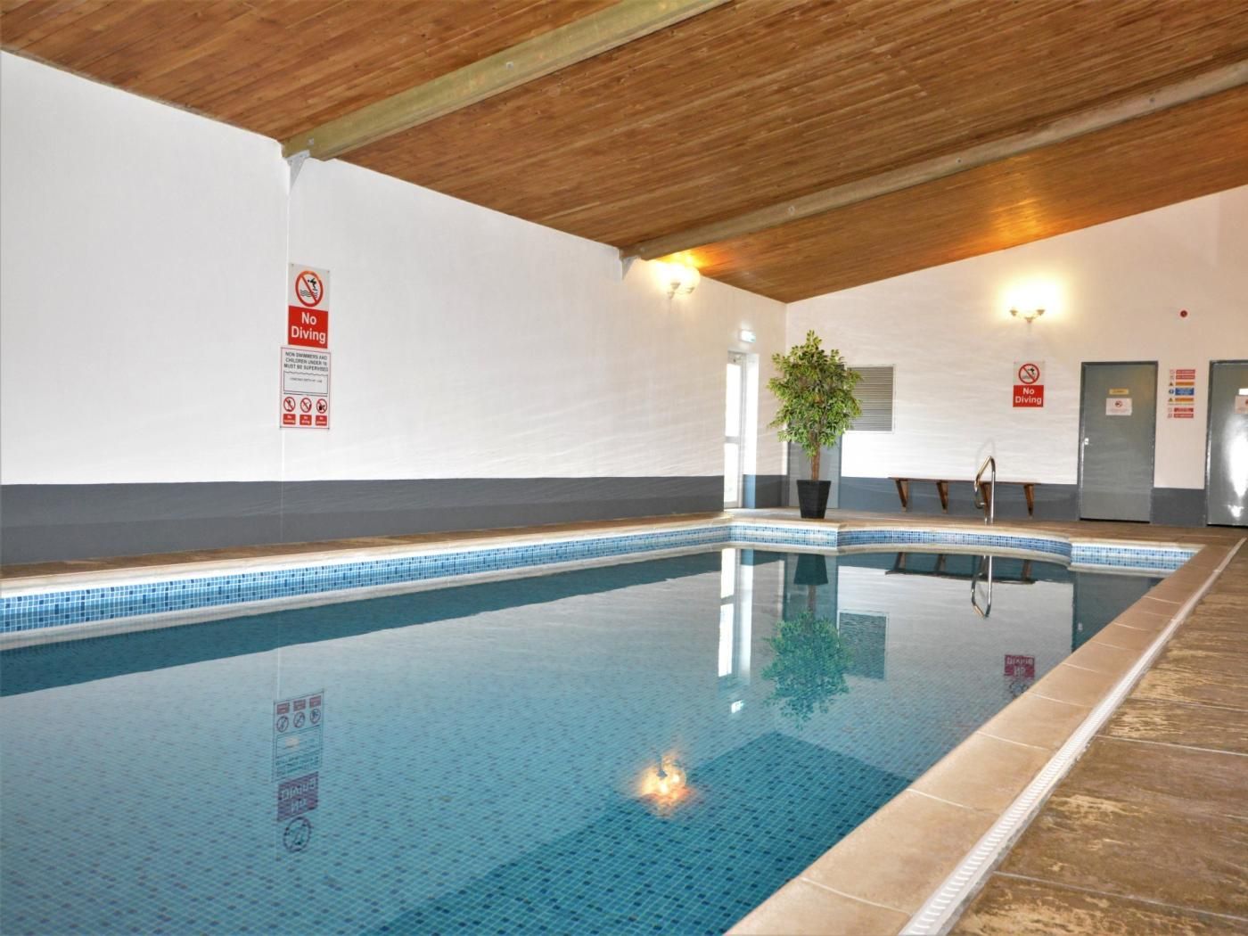 An indoor swimming pool with tiled walls, a wooden ceiling, and multiple 'No Diving' signs.
