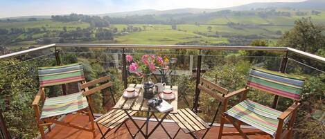 Une terrasse avec une table et des chaises, offrant une vue sur un paysage magnifique.