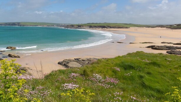 A coastal landscape with a beach, grassy areas, and a clear sky. - 2 Bed in Newquay (oc-63267) (Newquay)