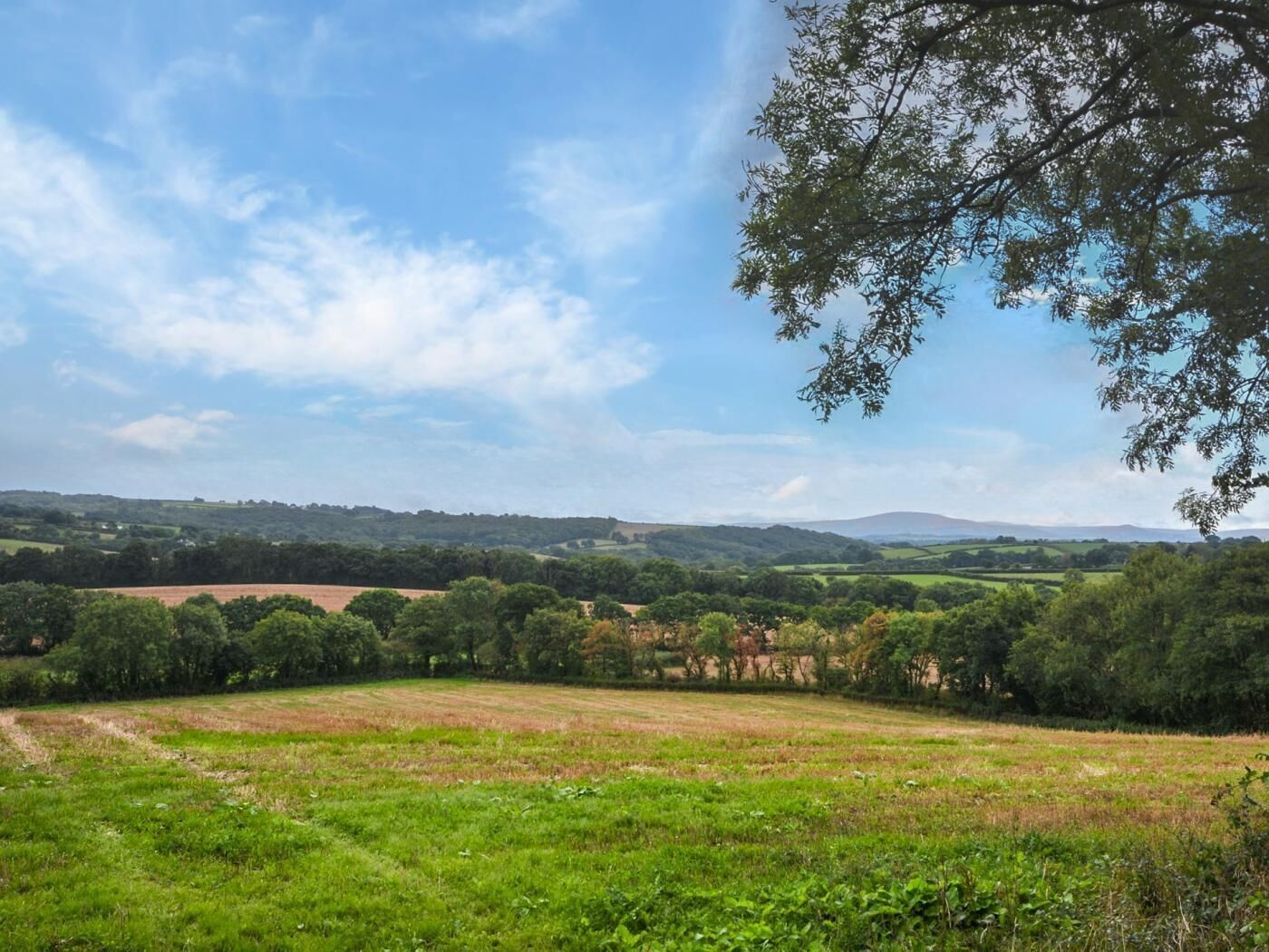 A rural landscape with fields, trees, and distant hills under a clear sky.