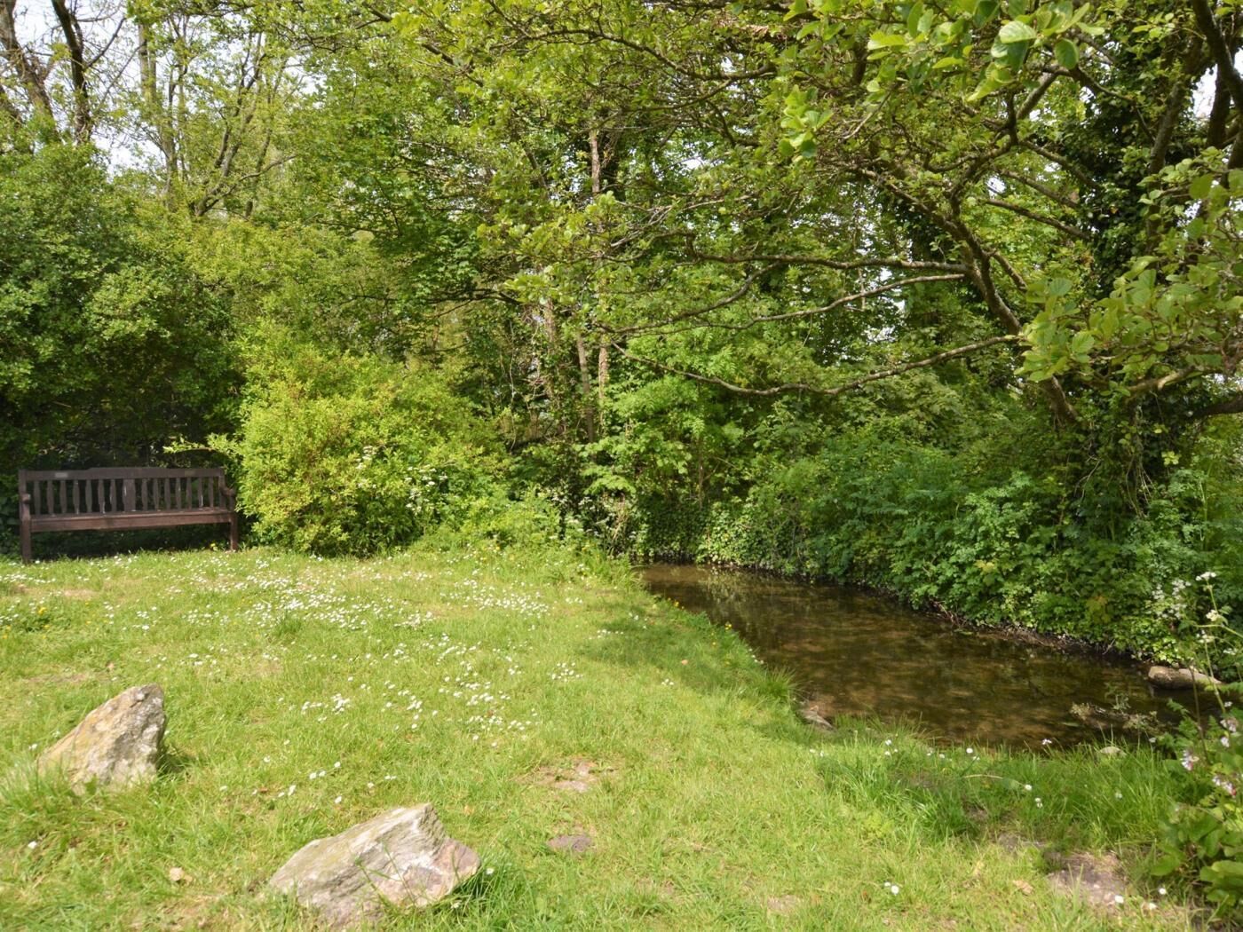 A grassy area with a bench and a stream.