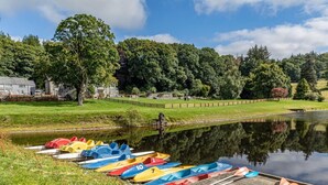 A row of numbered kayaks and paddles docked at a wooden pier by a calm lake, surrounded by lush greenery and a wooden fence. - 4 Bed in Bala (oc-75288) (Llandderfel)