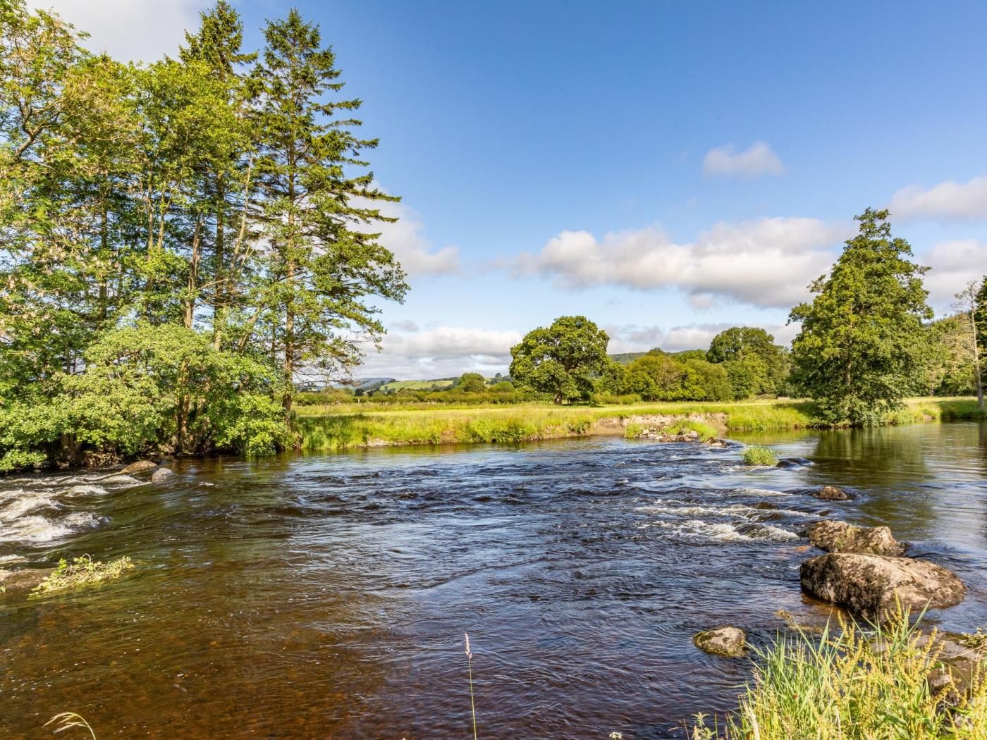 A river flowing through a landscape with trees and a clear sky.