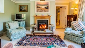 Een woonkamer met een open haard, gestreepte banken, een televisie en een groot vloerkleed.