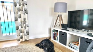 Una sala de estar con un perro, un televisor y una estantería.
