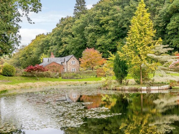 Ein Haus mit Teich, umgeben von Bäumen und einem Wald.