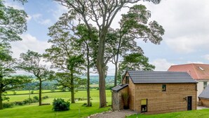 A wooden cabin with a gravel path leading to it, surrounded by trees and a green landscape. - 1 Bed in Crook (oc-78487) (North Bitchburn)