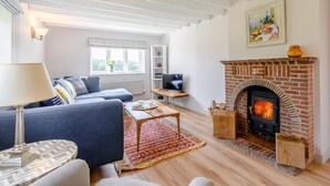 Een woonkamer met een open haard, een bank, een salontafel en een televisie.