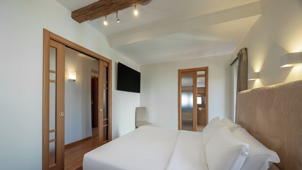 Une chambre à coucher avec un lit, des portes en bois, un téléviseur à écran plat et un luminaire au plafond.