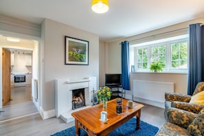 Ein Wohnzimmer mit Kamin, Fernseher, Esstisch und Sofa.