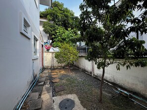A narrow courtyard with a tree, a small step, and a manhole cover. - Simple and Private Living Home near Suvarnabhumi Airport 23 min (บางโฉลง)