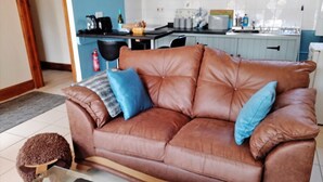 Ein braunes Ledersofa mit blauen Kissen in einem Raum, im Hintergrund ist eine Küche zu sehen.