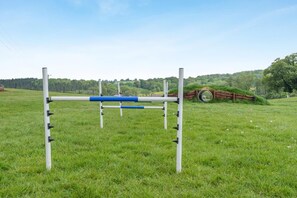 A grassy field with a blue and white obstacle course.