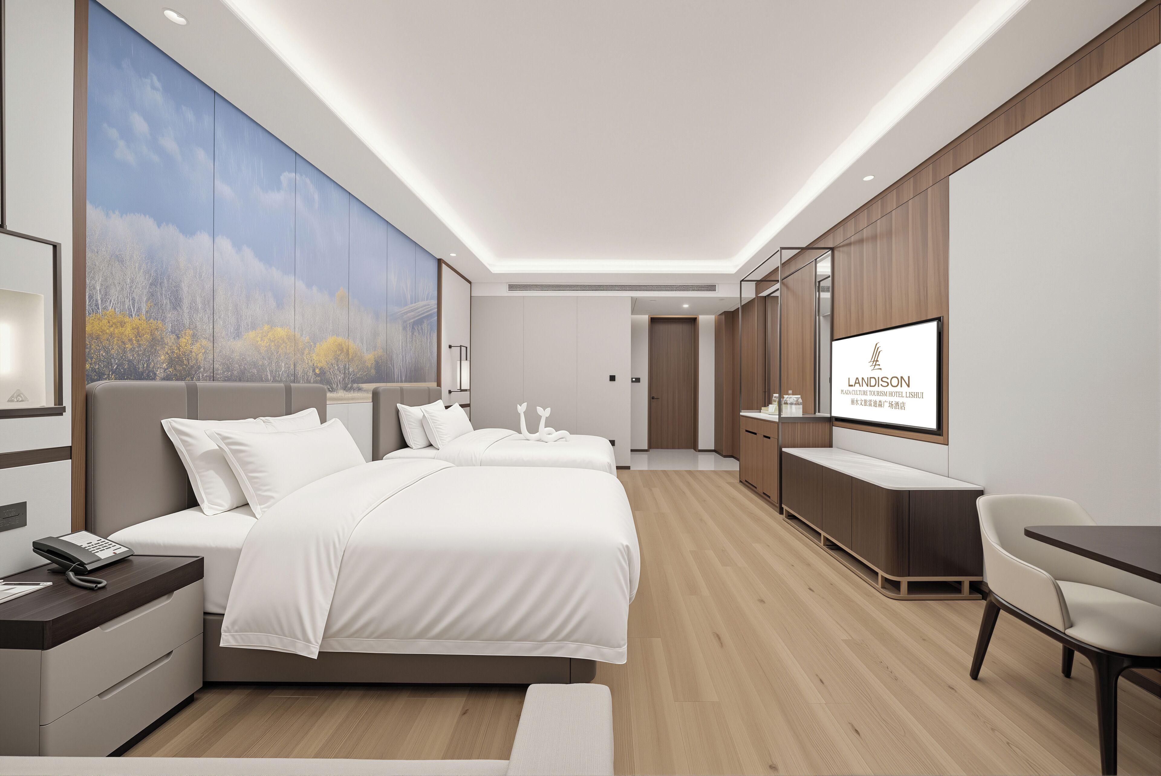 Habitación de hotel moderna con una cama grande, un escritorio, una silla, un televisor y un ventanal con vistas a árboles.