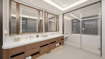 Separate tub and shower, hair dryer, towels, soap