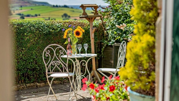Eine Terrasse mit Tisch und Stühlen, einer Flasche und einem Blumenvasen.