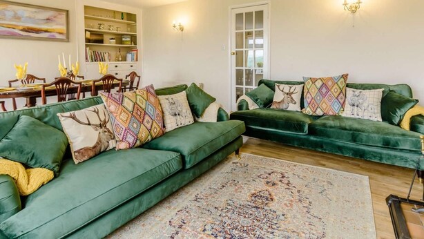 A living room with green sofas, a patterned rug, and a bookshelf.