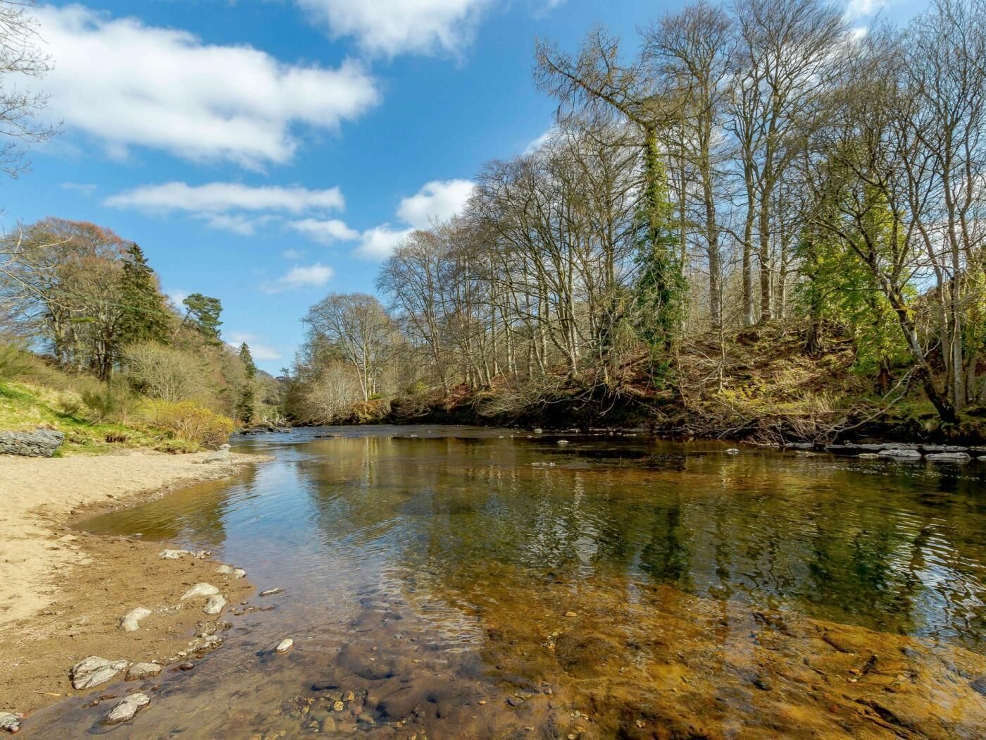 A clear river with trees on both sides, a sandy beach, and a clear sky.