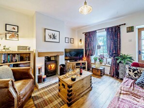 A cozy living room with a fireplace, a television, a bookshelf, and a comfortable seating area. - 1 Bed in Ulverston (oc-82447) (Gleaston)
