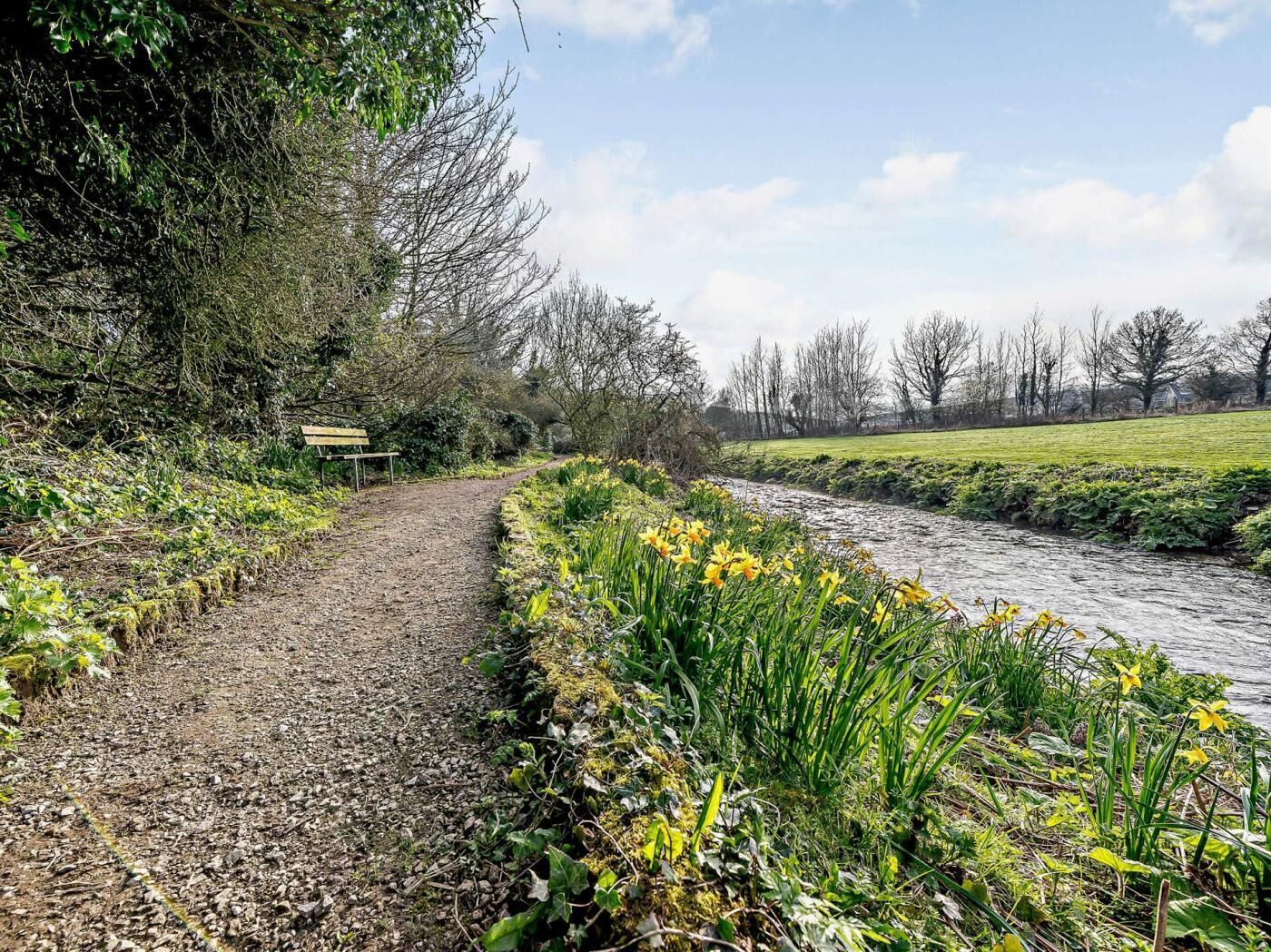 A gravel path alongside a river with yellow flowers and trees in the background.