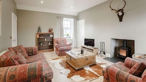 Een woonkamer met een bank, een fauteuil met patroon, een houten salontafel, een televisie, een open haard en een boekenkast.