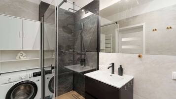 Shower, hair dryer, towels, shampoo