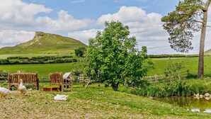 A rural landscape with a pond, ducks, a wooden bench, and a tree. - 3 Bed in Great Ayton (oc-83328) (Great Ayton)