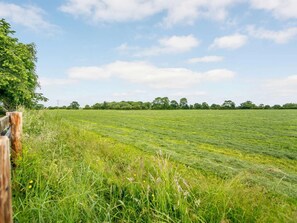 Ein grasbewachsenes Feld mit Holzzaun und Bäumen im Hintergrund.