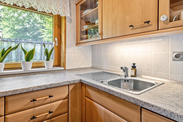 A kitchen with wooden cabinets, a stainless steel sink, and potted plants by the window.
