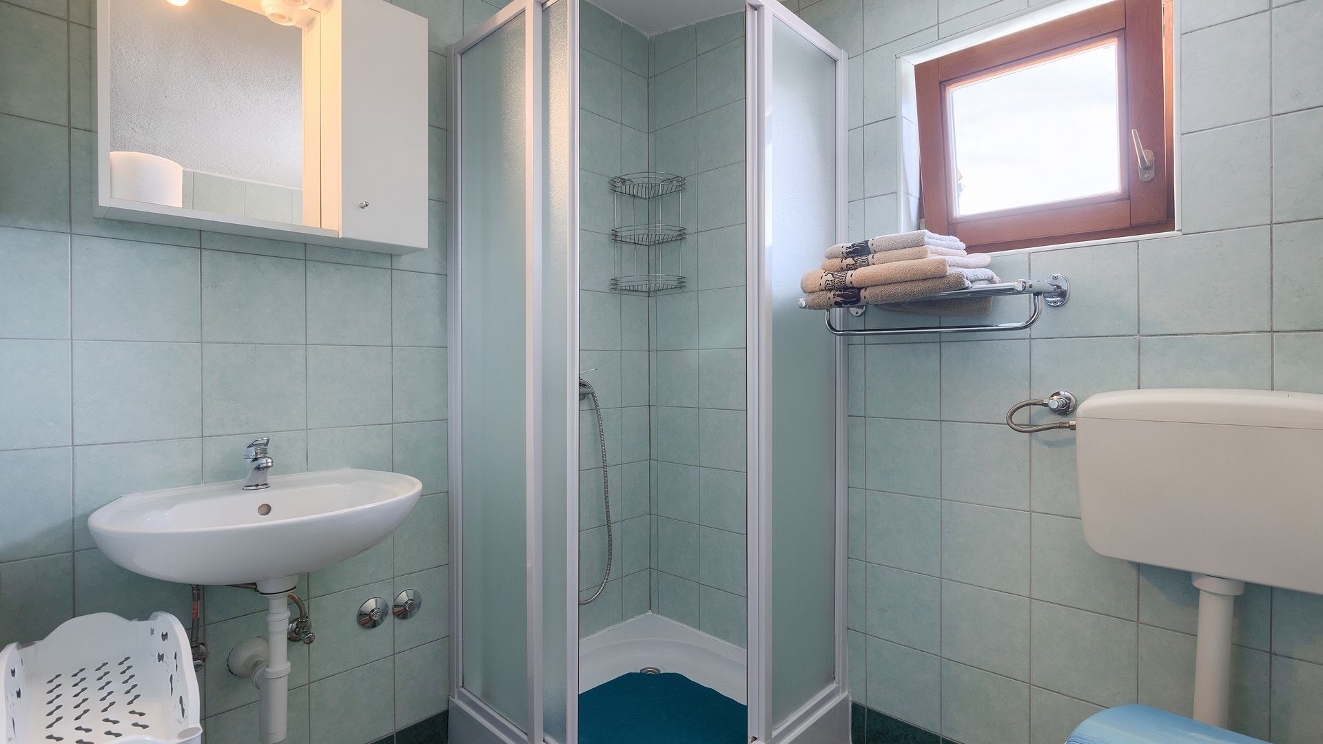 Une salle de bain avec douche, lavabo et toilettes.