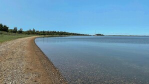 A clear view of a beach with a calm water body, a dirt path leading to the water, and a forested area in the background. - Log cabin on large nature plot with sun (Fur)