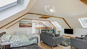 Ein Loft-Zimmer mit Bett, zwei Sofas, Fernseher und Küchenzeile.