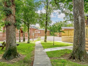 Un sentier menant à des cabanes en bois, avec une zone herbeuse et des arbres.