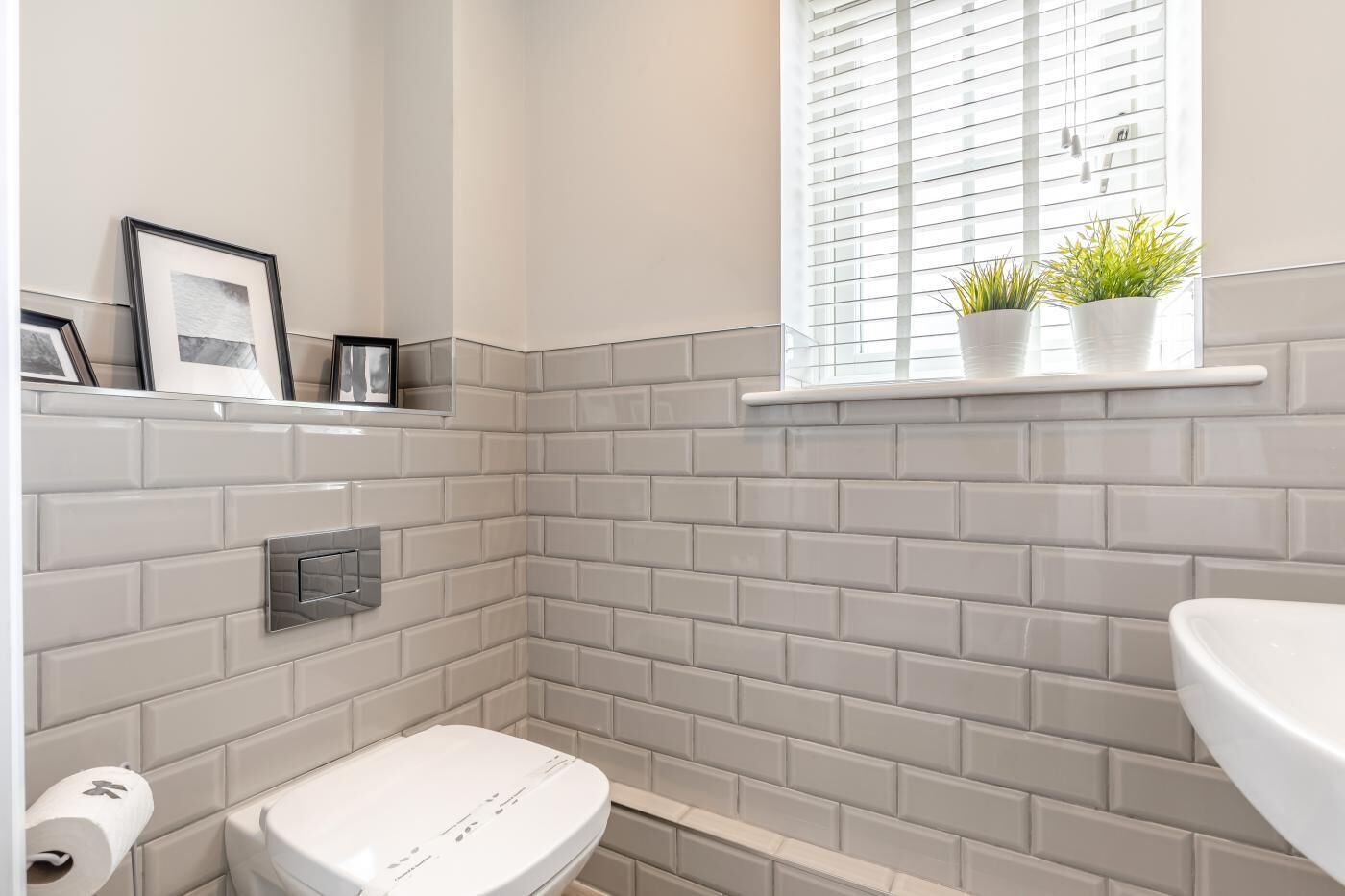 A bathroom with a toilet, a shelf with framed pictures, and a window with plants.