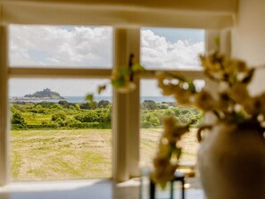Vista por la ventana de un paisaje con una colina y árboles.