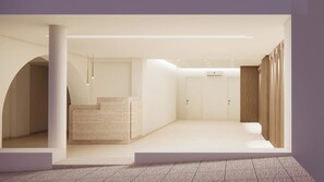 Un interno moderno con una reception, una scala e un armadio in legno.