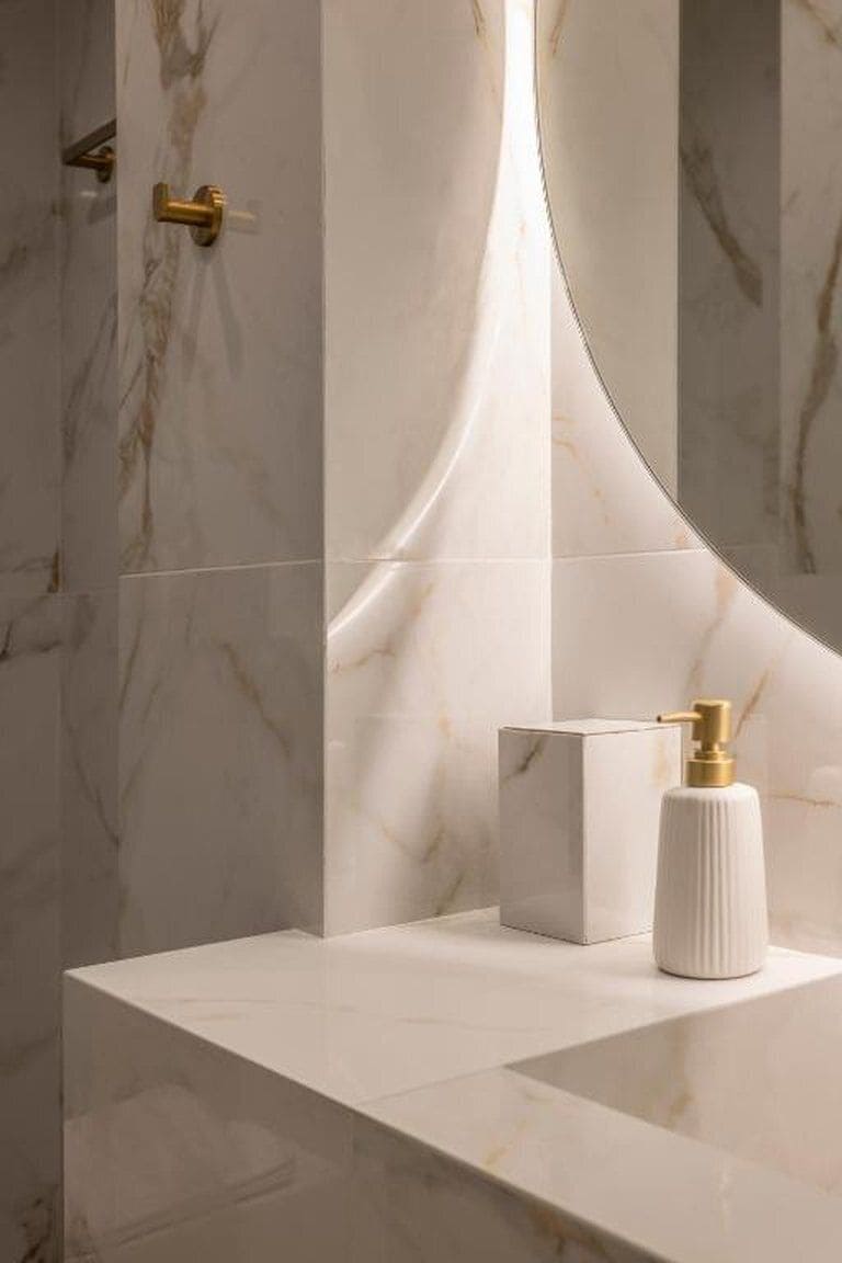 Un baño con paredes de mármol, un tocador blanco, un grifo dorado y un espejo.