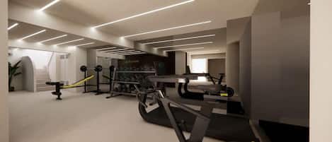 Une salle de sport moderne équipée de matériel d’exercice, d’un escalier et d’un téléviseur fixé au mur.