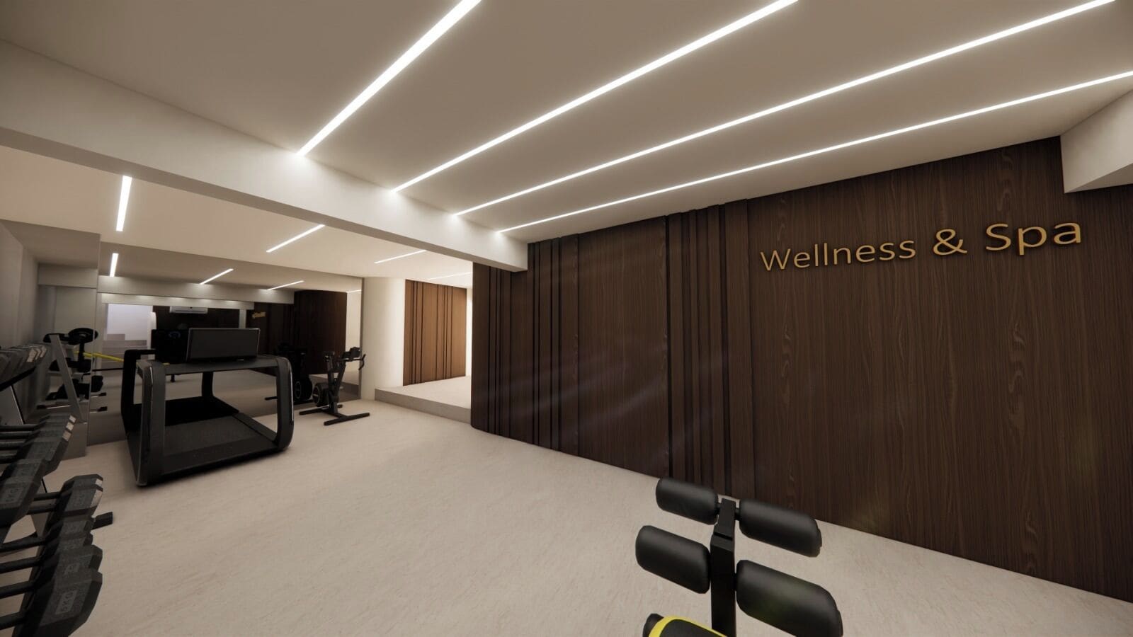 A modern wellness and spa area with exercise equipment, a reception desk, and a wooden wall.