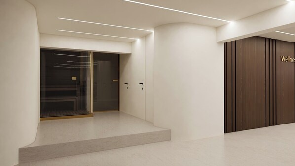 A modern interior with a glass door entrance, a wooden wall with a sign, and a clean, minimalist design. - Anthem Suites & Spa (Athens)