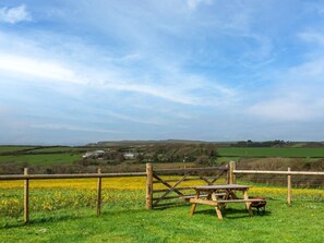 Una mesa de picnic en un campo cubierto de hierba, con una valla en primer plano y un paisaje rural al fondo.